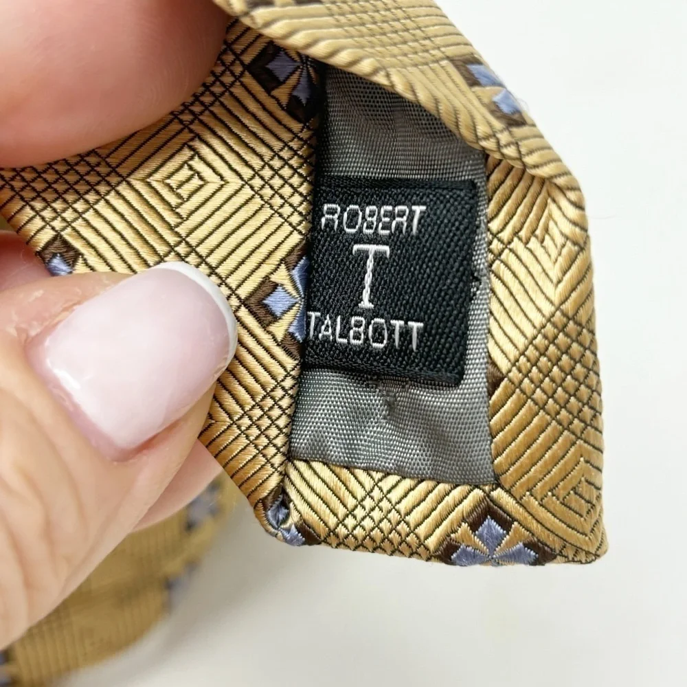 ROBERT TALBOTT PHILLIP’S Men’s Gold Blue Geometric Silk Hand Made Tie USA 60”
